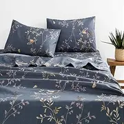 Wake In Cloud - Floral Bed Sheets Set, Soft Microfiber Botanical Flowers Pattern Printed Bedding, Extra Deep Fitted Sheet & Flat Sheet & 2 Pillowcases, 4pcs, Birds Grey, Double Size