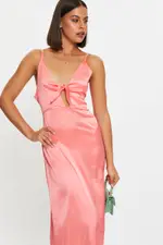 Brown Tie Front Satin Midi Dress - Size 8, Women's Trial F Dress