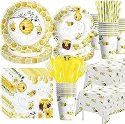 Bee Baby Shower Decorations Party Tableware - Bee Birthday Party Supplies, Paper Plate, Cup, Napkin, Tablecloth, Cutlery, Straw, Bumble Theme Bee Day Party Decorations Dinnerware | Serves 24