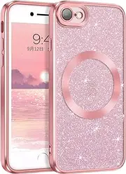 VENINGO iPhone SE Case iPhone 7/8 Case,Compatible with Magsafe Clear Case + Glitter Bling Sparkly Paper Piece 2-Layer Soft Phone Cases for iPhone SE 3/2 (2022/2020) and iPhone 7/8,Glitter Pink