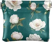 [FRODOTGV] Vintage White Peonies Teal Women Men Leather Coin Purses Portable Card Cases Money Organizers for Girls Ladies Handbag, Vintage White Peonies Teal, 4.33"(L) x 3.74"(W) x 0.39"(H), Classic