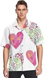 [GuoChe] Hawaiian Short Sleeve Mens Button Up Shirt Valentine's Day Watercolor Colorful Hearts Flowers Sports Camisas de Playa, Valentine's Day Watercolor Colorful Hearts Flowers, Medium