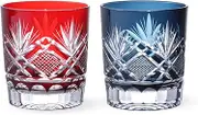 J-Kitchens Retro Kiriko Pair Glass Cup Φ3.1 x H3.5 inches (80 x 90 mm) 280cc Orchid Carving Red & Ink Blue Current Model