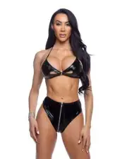 Sexy Black Vinyl Cutout Halter Top & Highwaisted Zip Up Cheeky Short Festival Ra
