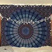 Bless International Indian Hippie Bohemian Psychedelic Peacock Mandala Wall Hanging Bedding Tapestry (Blue Green, Queen (84x90Inches)(215x230Cms))
