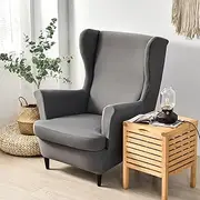 Wing Chair Slipcover 2 Piece Set, 2 IN 1 Design Solid color Jacquard Thicken Velvet Wingback Chair Covers Armchair Stretch Covers for Wingback Armchair Chairs Living Room Bedroom Hotel (Grey)