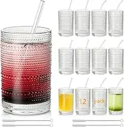 KEMORELA Hobnail Drinking Glasses Set of 12-17 oz Highball, Cocktail, Old Fashioned Glasses with Straws, Embossed Beaded Design, Durable Aesthetic Kitchen Bar Tumblers for Coffee, Juice, Beer