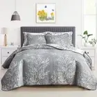 3 Pieces Reversible Quilt Set Gray White Branch with Yellow Dots King Size 10...