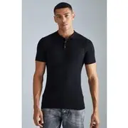 Mens Black Muscle Short Sleeve Ribbed Polo