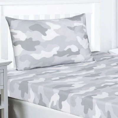 GREY ARMY CAMOUFLAGE DOUBLE FITTED SHEET + 2 PILLOWCASES - BEDDING BOYS KIDS