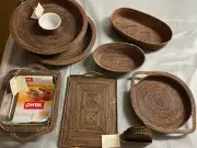 GROUP 8 NEW CALAISIO woven serving pieces BASKETS, BAKER, CHIP DIP TRAY COASTERS