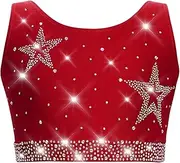 [FEESHOW] Girls Shiny Rhinestone Crop Top Sleeveless Training Shirt Sport Top Belly Free Dance Tops Gymnastics Vest Fitness Yoga
