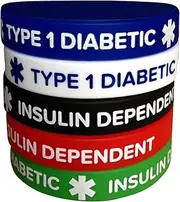 [IDmed] Diabetic Silicone Bracelets Type 1 Insulin Dependent (5 Pack) Adult Size 7.8" Wristband for Men Women, 7.8 Inch, Silicone