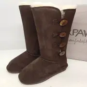 BEARPAW Lori Chocolate Brown Suede Boots Women's Size 6 Slip On 2250W NeverWet