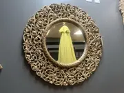 Hand Carved Teak Round Ornate Mirror Solid Teak Frame
