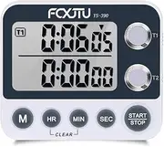 FCXJTU Digital Dual Kitchen Timer, Dual Count UP/Down Timer, Cooking Timer, Stopwatch, Large Display, Adjustable Volume Alarm and Flashing Light with Magnetic Back, Stand, Battery Included YS390 White Grey