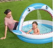 Childrens Toddler Paddling Pool Inflatable Shark Design & Sprinkler Spray Garden