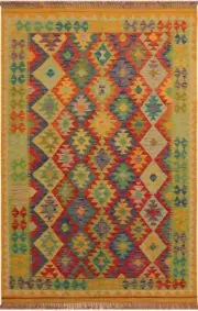 Retro Turkish Kilim Krystal Gold/Red Wool Rug - 4'10'' X 6'10''