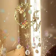Suncatcher Crystal Window - Green Leaves Wrapped Moon & Butterfly Design with Waterfall Crystal - Ideal for Window Decoration and Sun Rays Reflection