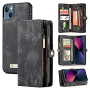 CaseMe For Apple iPhone 13 Mini Zipper & Detachable Retro Leather Pouch Wallet Flip Purse Bag Detachable Phone Case Cover (Black)
