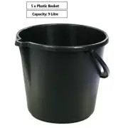 5 x Plastic Bucket With Handle Black 9L Cleaning Camping Water Storage Bucket