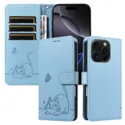 For iPhone 16e 16 15 14 13 12 11 Pro Max XR 8 Cat Leather Flip Case Wallet Cover