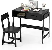 HONEY JOY Kids Desk and Chair Set, Wooden Children Study Activity Play Table Set with Storage Drawer and Hutch, Student Writing Desk Chair Set for Bedroom and Study Room, for 3+ Years Old (Black)