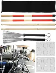 Drum Sticks with Drum Stick Brush Set, 1 Pair 5A Classic Maple Wood Drum Sticks+1 Pair Rods Drum Brushes+1 Pair Retractable Drum Wire Brushes+1 Pair Mute Pad for Jazz Folk Acoustic Music Lover (9 PCS)
