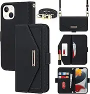 Cavor Crossbody Wallet Case for iPhone 13 Mini Case (5.4") Flip Cover Magnetic Leather Women Handbag Card Slots Holder Zipper Kickstand Purse with Detachable Shoulder Necklace Lanyard Strap-Black