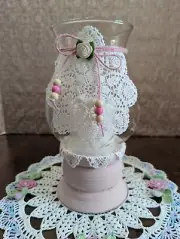 VTG 10.5" high Glass HURRICANE LAMP w/Pink Vase-Candle-Crochet Laces x DECOR