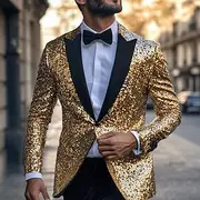 Men's Tuxedo Blazer Jacket Sequins Wedding Party Casual All Seasons Polyester Sequin Solid Colored Basic Single Breasted One-button Blazer Gold