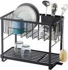 Home Tower Two-Tier Adjustable Dish Drainer Rack, Compact Drying Rack with Hooks