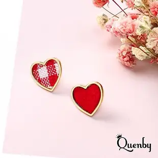 Quenby 送禮 母親節 歐美 平價飾品 簡約百搭格子布少女心貼耳耳環/耳針-紅色