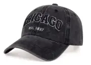 New CHICAGO USA Embroidery Black Denim Baseball Hat Cap Washed Distressed Cotton