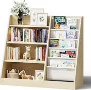 HedoAjim 4 Tier Kids Wooden Bookshelf,Five Layer Sling Children Bookcase,Baby Storage Book Rack,Book and Toy Organizer Cabinet Chest,Book Display Shelf,Playroom Nursery Classroom Library