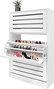 45 Pairs Shoe Storage Cabinet Wood Shoe Organizer Free Standing Shoe Rack 3 Adjustable Shelves 3 Door White