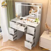 White Dressing Table With Large Smart LED Mirror 7 Drawers Makeup Desk Dresser