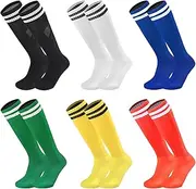 [Ultrafun] 6 Pairs Kids Youth Soccer Socks Solid Striped Knee High Tube Football Sports Socks for Boys Girls 6-12 Years Old