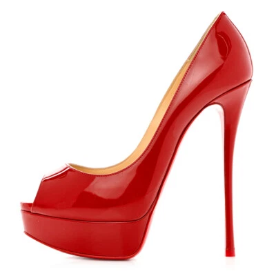 Christian Louboutin NIB Fetish 150 Red Patent Peep Toe Platform Heels Pumps 39.5