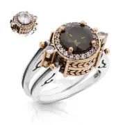 Turkish Reversible Round Peridot and White Shiny Topaz 925 Sterling Silver Ring