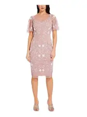 Adrianna Papell Women's Floral Beaded Dress with Sheer Flutter Sleeves