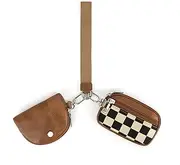 [LIERWOI] Mini Zip Around Keychain Wallet Chekered Dual Pouch Wristlet for Women Portable Detachable Coin Purse Mini Card Pocket, A-Brown, Stylish Chekered Wristlet