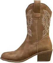 [ZJWBB] Women's Mid Calf Western Boots Pointed Toe Embroidery Stitched Chunky Heel Pull On Tabs Boots Black White Brown US5-10