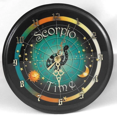 CLOCK WOODEN ZODIAC SCORPIO ROUND WALL MOUNT LACQUERED HOROSCOPE ASTROLOGY NEW