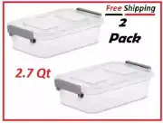 (2 pack) Plastic Modular Latch Box With Lid Small Storage Stackable Bin 2.7 Qt