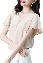 [Gienergy] Summer 100% Natural Silk Women Tops Blouses Fashion V-Neck Short Sleeve Solid Lady Real Silk Shirt Blouse Pink