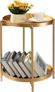 TeoKJ 2 Tier Round Side Table, Folding Metal Small Bedside Nightstand Gold