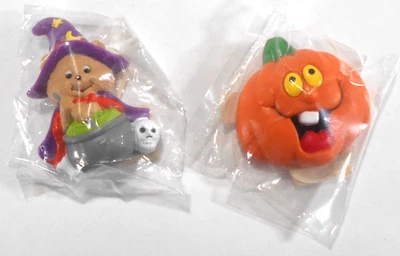 Bear Witch at Cauldron and Goofy Jack O Lantern 2 Russ Vintage Halloween Pins