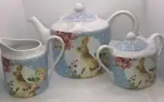 222 Fifth Leanna Bunny Rabbit Polka Dot Edge Teapot with Sugar dish & Creamer