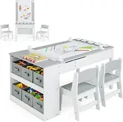 HONEY JOY Kids Table and Chairs Set, 3-Pieces Wooden Activity Desk Chairs Set w/Paper Roll, 6 Storage Canvas Bins, 5 Paint Cups, Children Table and 2 Chairs for Drawing Painting Writing, Grey